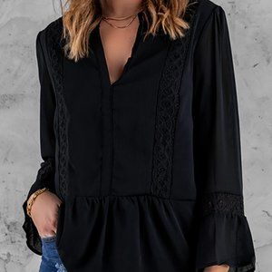 Black Lace Applique Ruffle Hemline V Neck Blouse